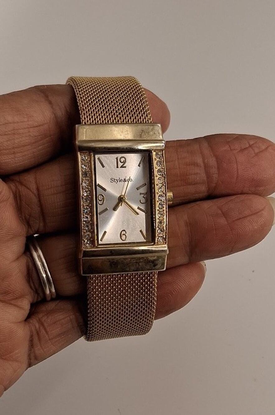 Womens Style & Co Gold Tone Crystal Bezel Rectangular Mesh Cuff Bangle Watch